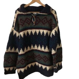 Vintage Hand Knit Chunky Aztec Wool Oversize Pullover Sweater Large/XL